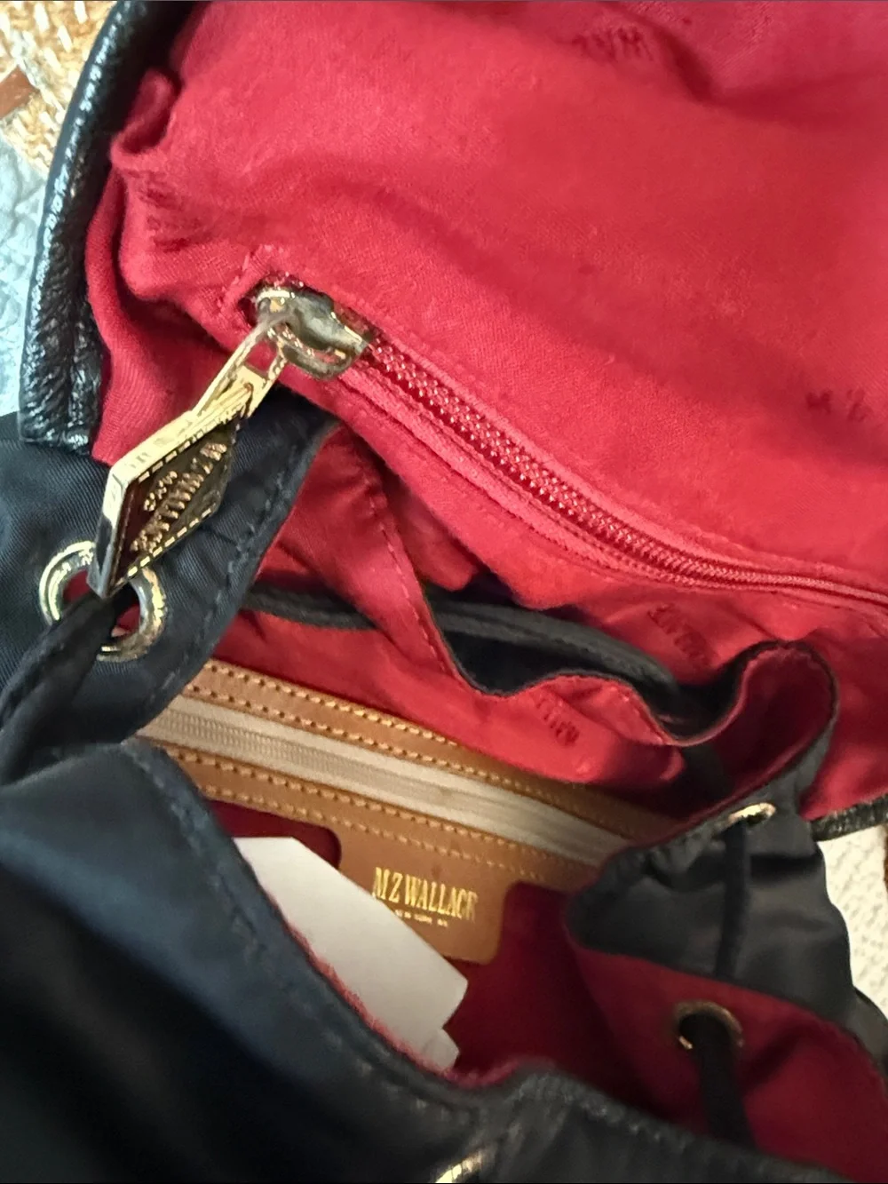 MZ Wallace Black Drawstring Backpack with Buckle Flap